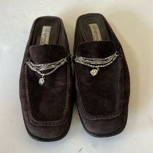 Brighton Brown Suede Loafers with Silver Chain Accents